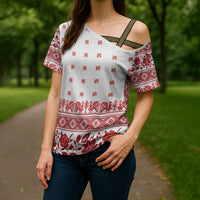 Antique Croatia Folk Embroidery Inspired Pattern Cross Shoulder Shirt Roses and Peacocks - Wonder Print Shop