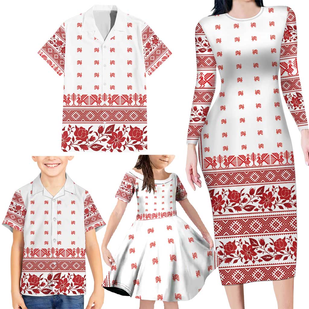 Antique Croatia Folk Embroidery Inspired Pattern Family Matching Long Sleeve Bodycon Dress and Hawaiian Shirt Roses and Peacocks - Wonder Print Shop