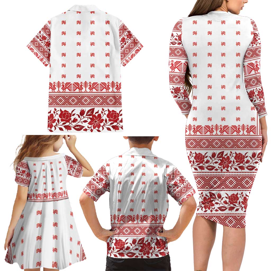 Antique Croatia Folk Embroidery Inspired Pattern Family Matching Long Sleeve Bodycon Dress and Hawaiian Shirt Roses and Peacocks - Wonder Print Shop