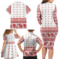 Antique Croatia Folk Embroidery Inspired Pattern Family Matching Long Sleeve Bodycon Dress and Hawaiian Shirt Roses and Peacocks - Wonder Print Shop