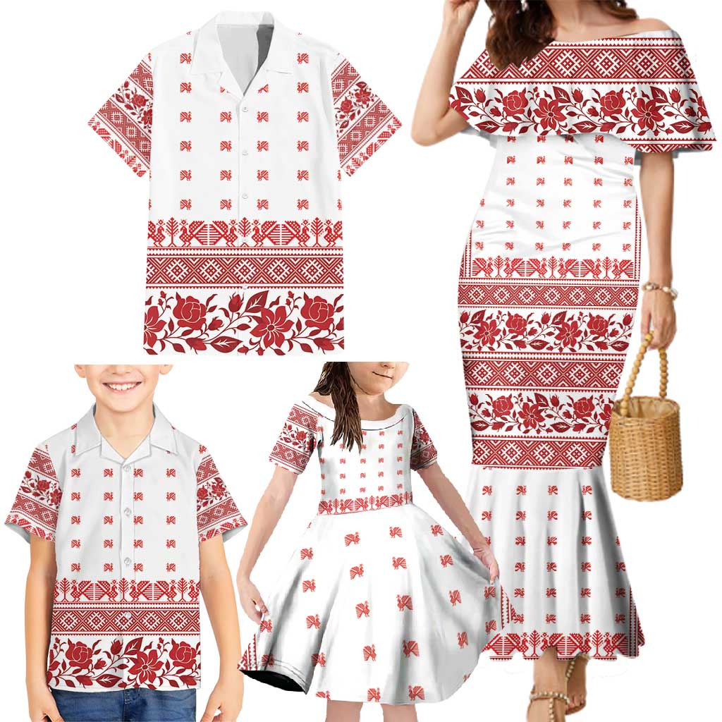 Antique Croatia Folk Embroidery Inspired Pattern Family Matching Mermaid Dress and Hawaiian Shirt Roses and Peacocks - Wonder Print Shop