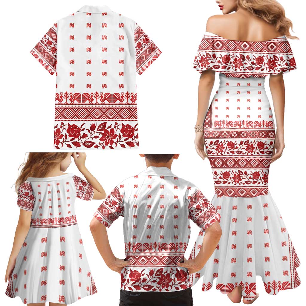 Antique Croatia Folk Embroidery Inspired Pattern Family Matching Mermaid Dress and Hawaiian Shirt Roses and Peacocks - Wonder Print Shop