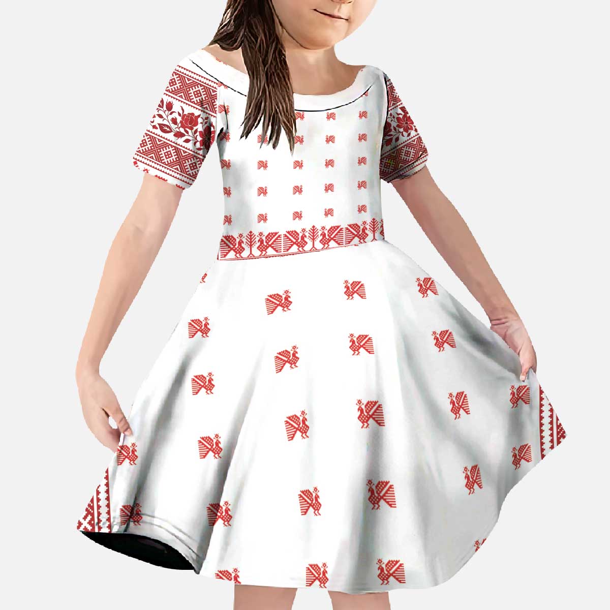 Antique Croatia Folk Embroidery Inspired Pattern Family Matching Off The Shoulder Long Sleeve Dress and Hawaiian Shirt Roses and Peacocks - Wonder Print Shop