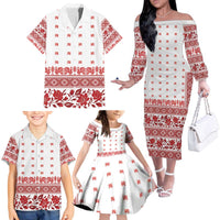 Antique Croatia Folk Embroidery Inspired Pattern Family Matching Off The Shoulder Long Sleeve Dress and Hawaiian Shirt Roses and Peacocks - Wonder Print Shop