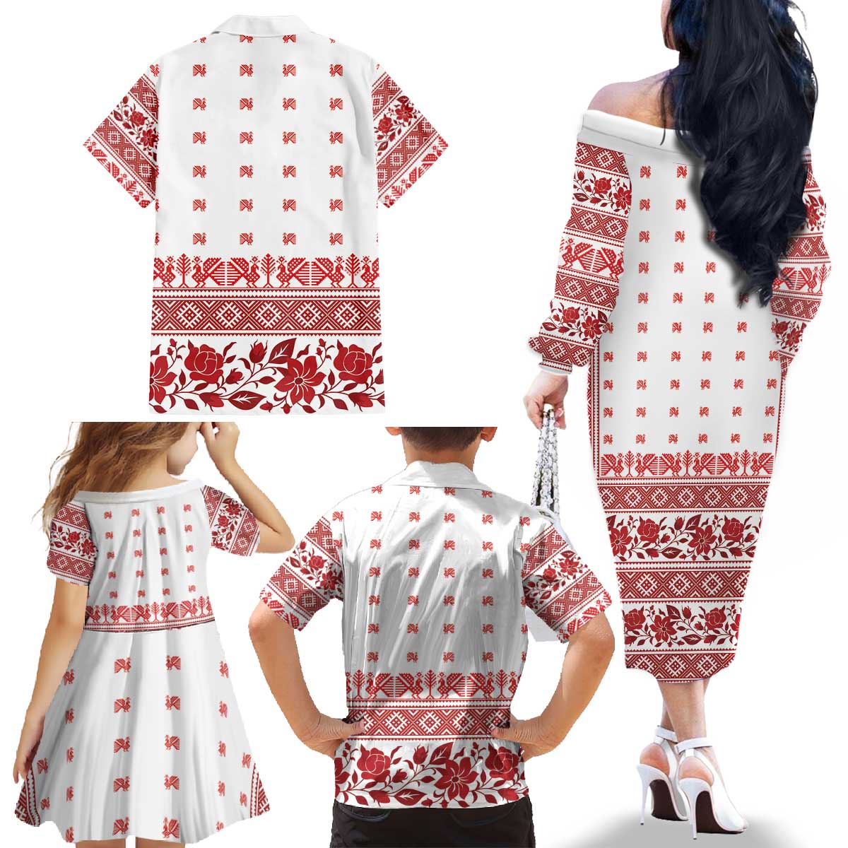 Antique Croatia Folk Embroidery Inspired Pattern Family Matching Off The Shoulder Long Sleeve Dress and Hawaiian Shirt Roses and Peacocks - Wonder Print Shop