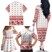 Antique Croatia Folk Embroidery Inspired Pattern Family Matching Off The Shoulder Long Sleeve Dress and Hawaiian Shirt Roses and Peacocks - Wonder Print Shop