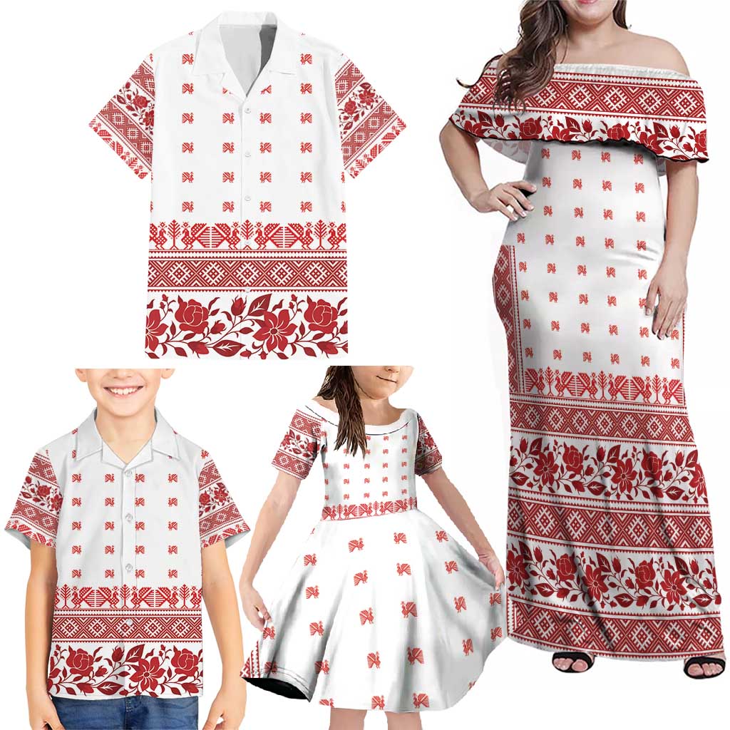 Antique Croatia Folk Embroidery Inspired Pattern Family Matching Off Shoulder Maxi Dress and Hawaiian Shirt Roses and Peacocks - Wonder Print Shop