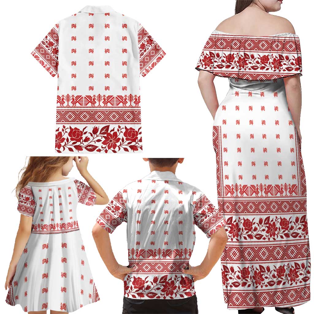 Antique Croatia Folk Embroidery Inspired Pattern Family Matching Off Shoulder Maxi Dress and Hawaiian Shirt Roses and Peacocks - Wonder Print Shop