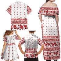 Antique Croatia Folk Embroidery Inspired Pattern Family Matching Off Shoulder Maxi Dress and Hawaiian Shirt Roses and Peacocks - Wonder Print Shop
