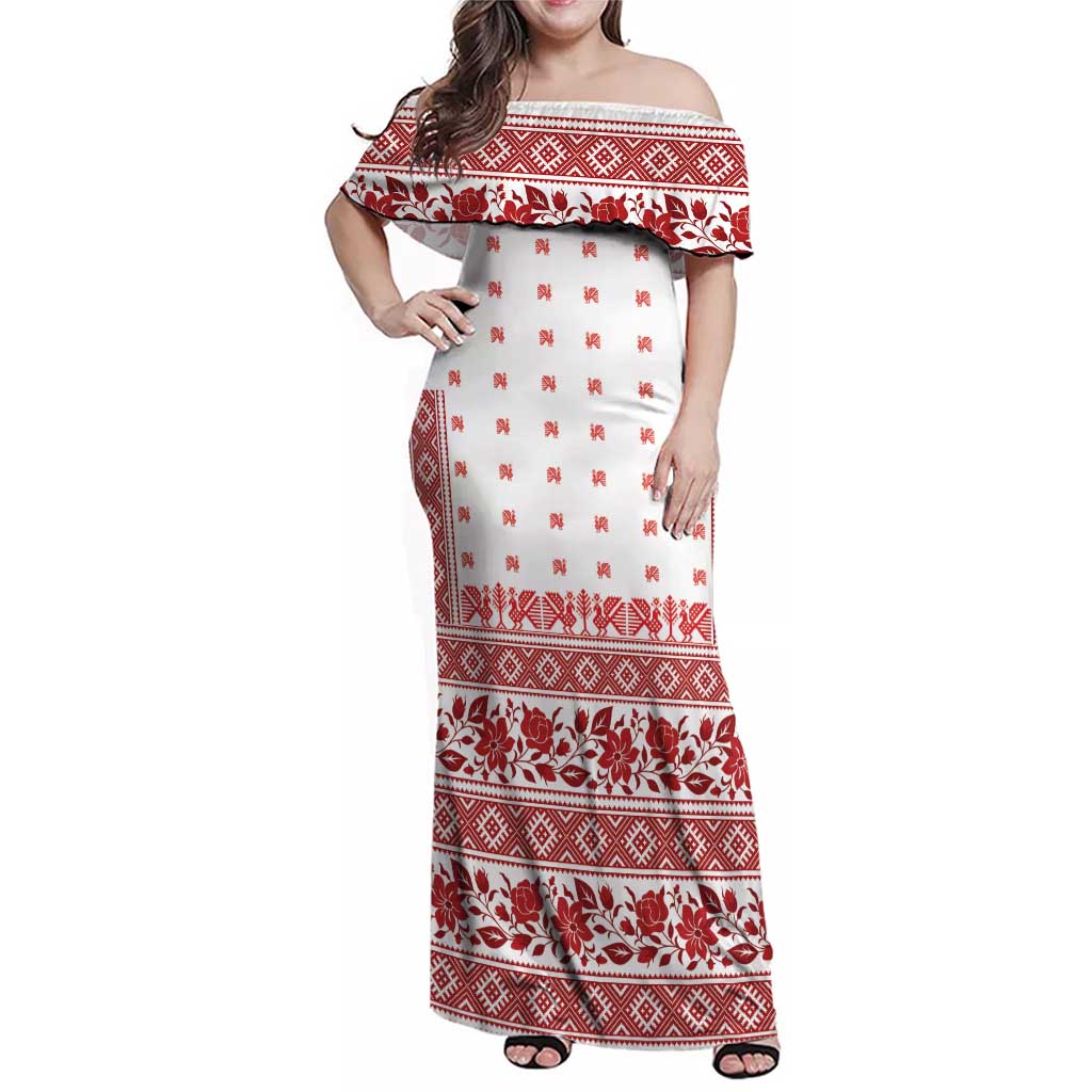 Antique Croatia Folk Embroidery Inspired Pattern Family Matching Off Shoulder Maxi Dress and Hawaiian Shirt Roses and Peacocks - Wonder Print Shop