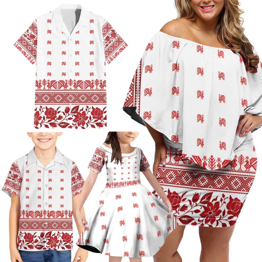 Antique Croatia Folk Embroidery Inspired Pattern Family Matching Off Shoulder Short Dress and Hawaiian Shirt Roses and Peacocks - Wonder Print Shop