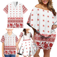 Antique Croatia Folk Embroidery Inspired Pattern Family Matching Off Shoulder Short Dress and Hawaiian Shirt Roses and Peacocks - Wonder Print Shop