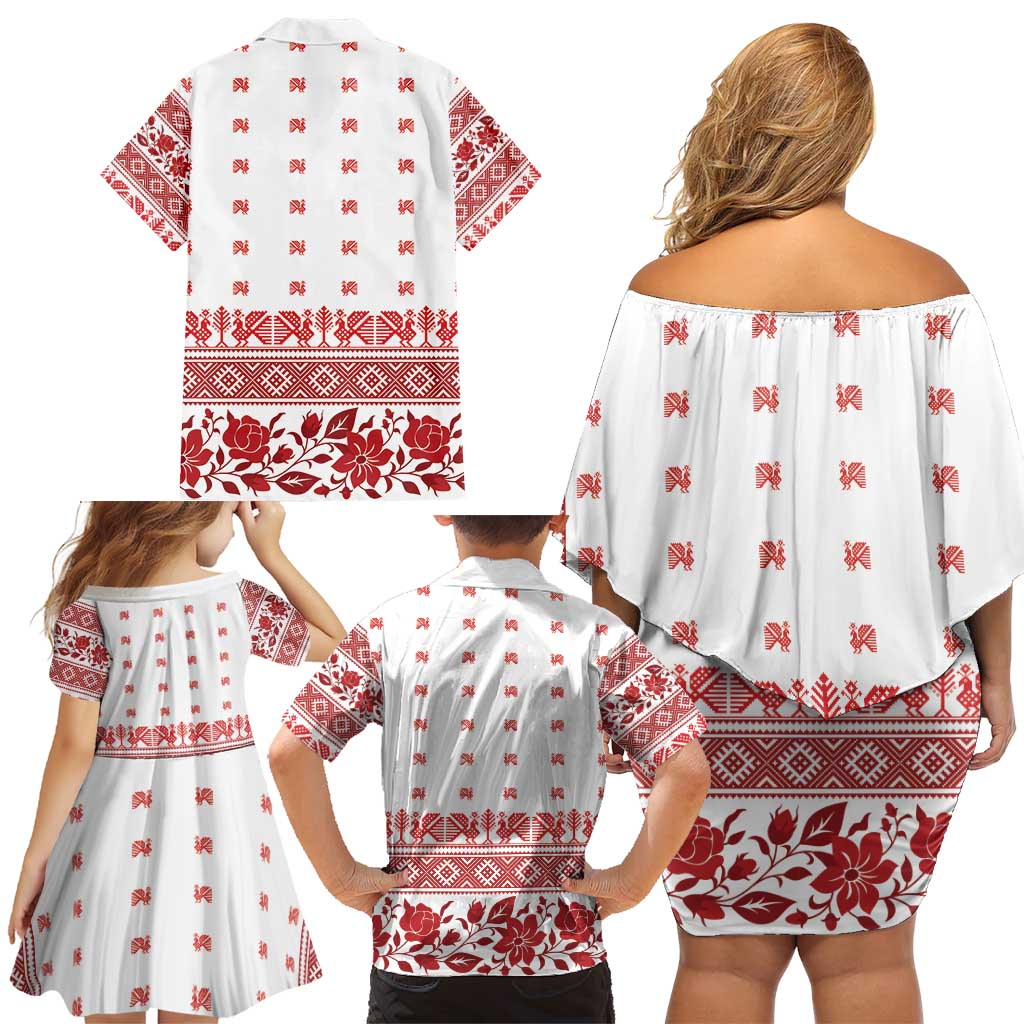 Antique Croatia Folk Embroidery Inspired Pattern Family Matching Off Shoulder Short Dress and Hawaiian Shirt Roses and Peacocks - Wonder Print Shop