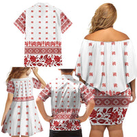 Antique Croatia Folk Embroidery Inspired Pattern Family Matching Off Shoulder Short Dress and Hawaiian Shirt Roses and Peacocks - Wonder Print Shop