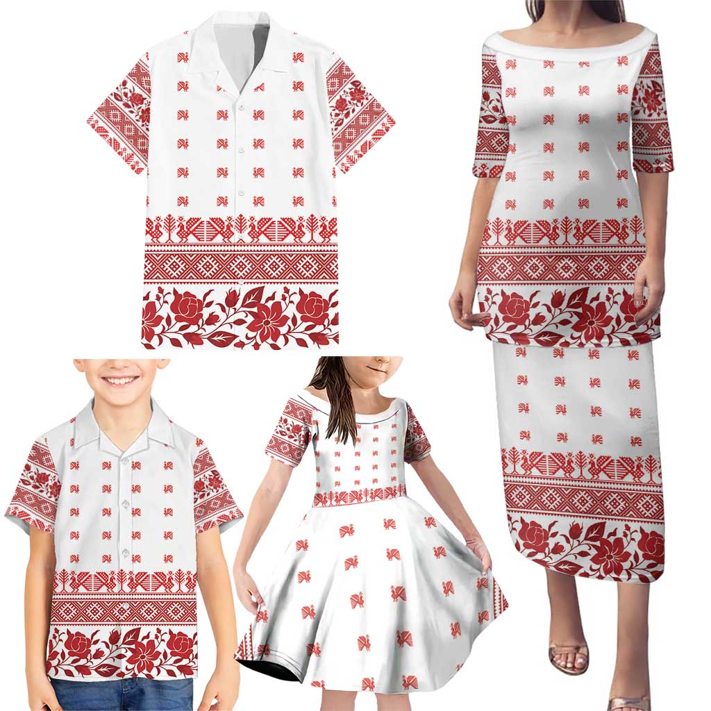 Antique Croatia Folk Embroidery Inspired Pattern Family Matching Puletasi and Hawaiian Shirt Roses and Peacocks - Wonder Print Shop