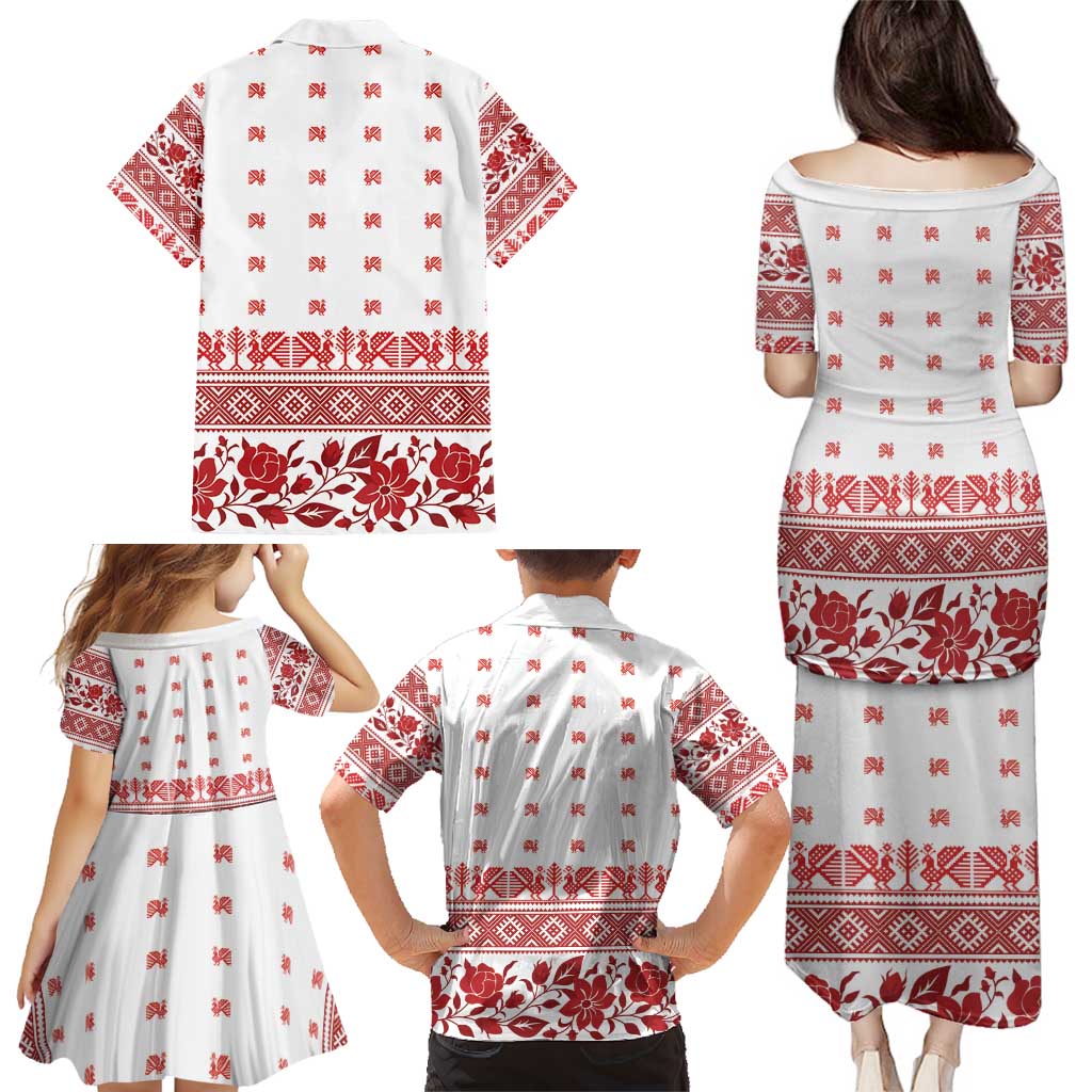 Antique Croatia Folk Embroidery Inspired Pattern Family Matching Puletasi and Hawaiian Shirt Roses and Peacocks - Wonder Print Shop