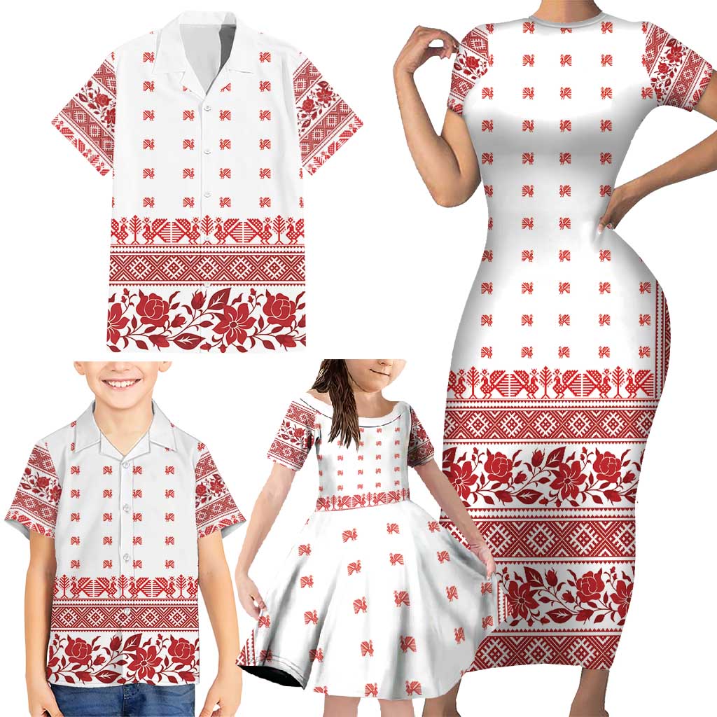 Antique Croatia Folk Embroidery Inspired Pattern Family Matching Short Sleeve Bodycon Dress and Hawaiian Shirt Roses and Peacocks - Wonder Print Shop