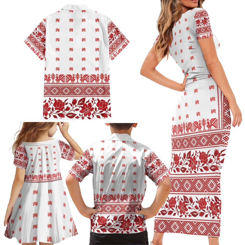 Antique Croatia Folk Embroidery Inspired Pattern Family Matching Short Sleeve Bodycon Dress and Hawaiian Shirt Roses and Peacocks - Wonder Print Shop