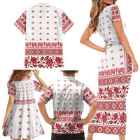 Antique Croatia Folk Embroidery Inspired Pattern Family Matching Short Sleeve Bodycon Dress and Hawaiian Shirt Roses and Peacocks - Wonder Print Shop
