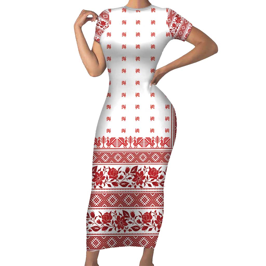 Antique Croatia Folk Embroidery Inspired Pattern Family Matching Short Sleeve Bodycon Dress and Hawaiian Shirt Roses and Peacocks - Wonder Print Shop