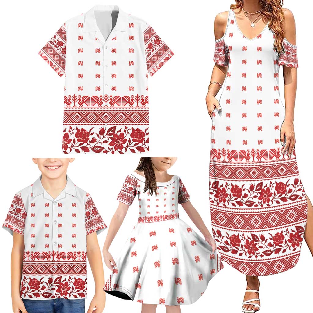 Antique Croatia Folk Embroidery Inspired Pattern Family Matching Summer Maxi Dress and Hawaiian Shirt Roses and Peacocks - Wonder Print Shop