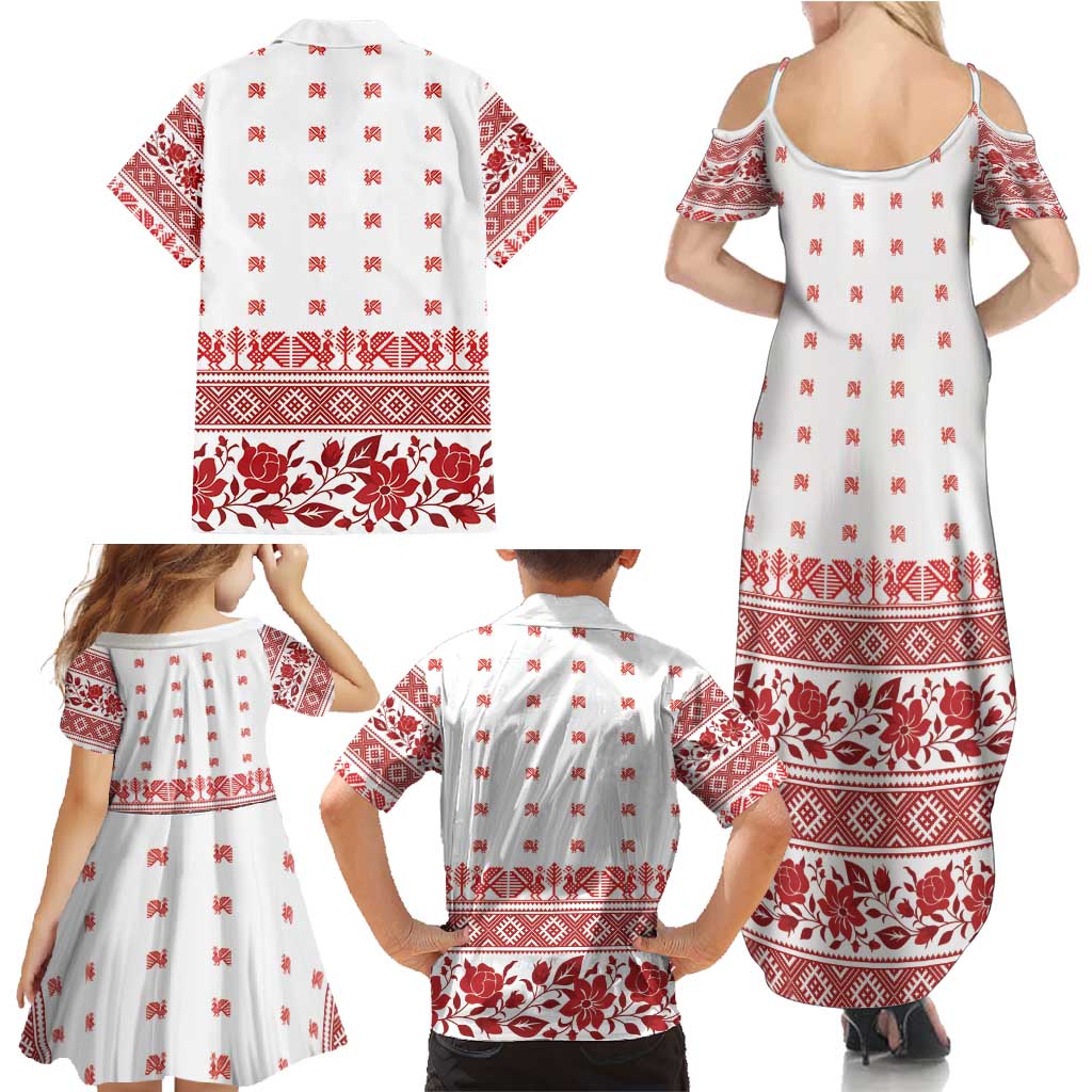 Antique Croatia Folk Embroidery Inspired Pattern Family Matching Summer Maxi Dress and Hawaiian Shirt Roses and Peacocks - Wonder Print Shop