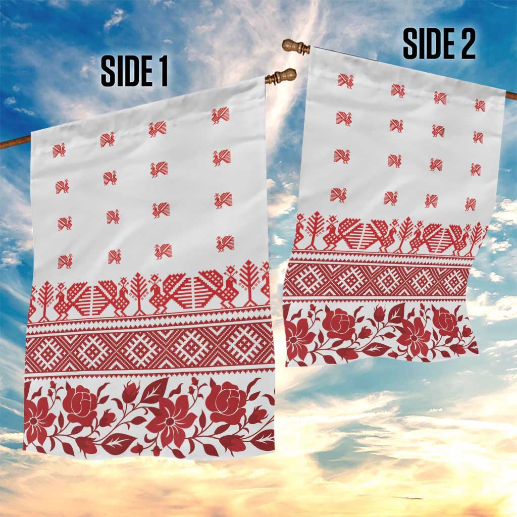 Antique Croatia Folk Embroidery Inspired Pattern Garden Flag Roses and Peacocks - Wonder Print Shop