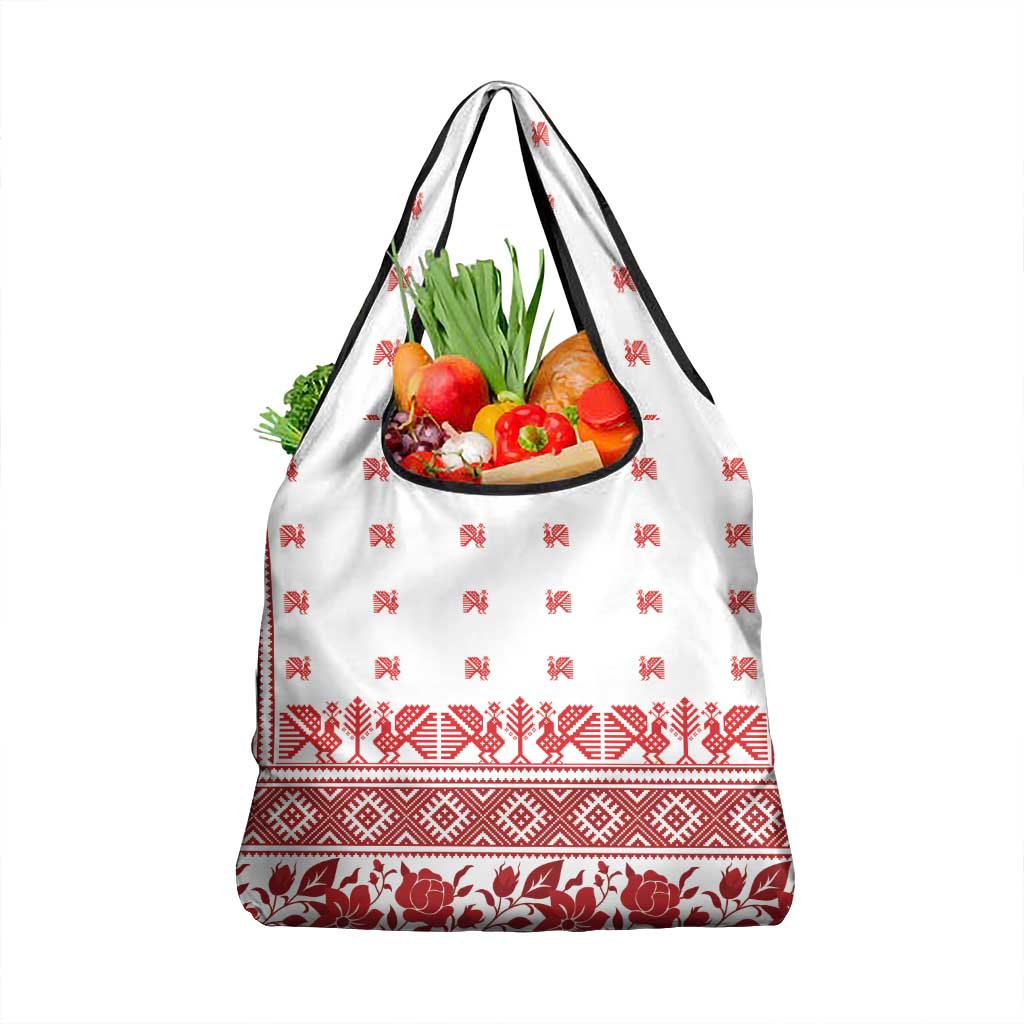 Antique Croatia Folk Embroidery Inspired Pattern Grocery Bag Roses and Peacocks - Wonder Print Shop