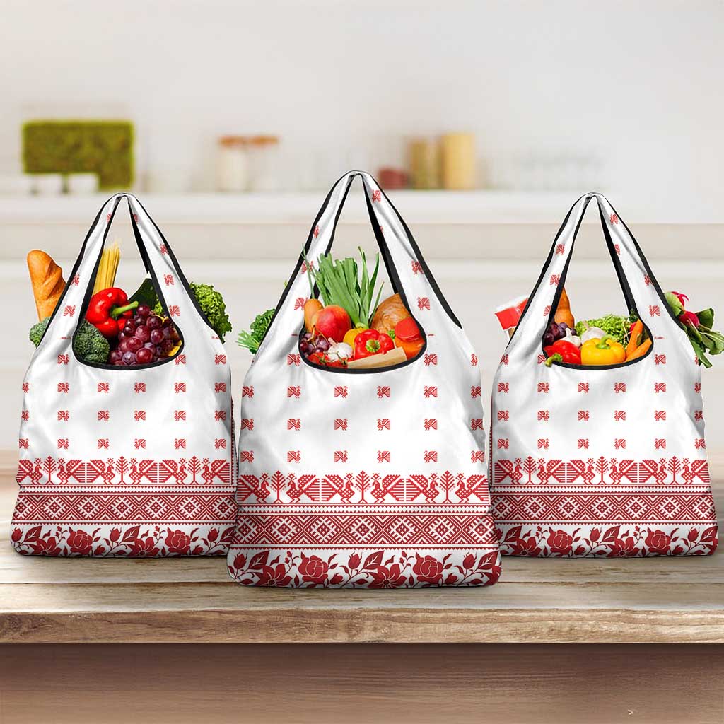 Antique Croatia Folk Embroidery Inspired Pattern Grocery Bag Roses and Peacocks - Wonder Print Shop
