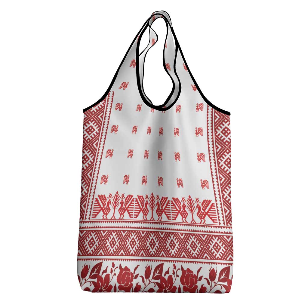Antique Croatia Folk Embroidery Inspired Pattern Grocery Bag Roses and Peacocks - Wonder Print Shop