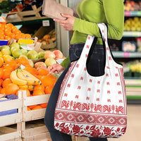 Antique Croatia Folk Embroidery Inspired Pattern Grocery Bag Roses and Peacocks - Wonder Print Shop