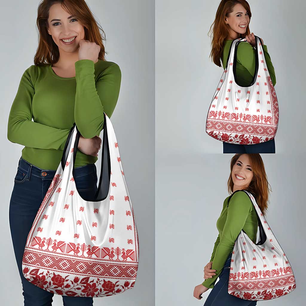 Antique Croatia Folk Embroidery Inspired Pattern Grocery Bag Roses and Peacocks - Wonder Print Shop