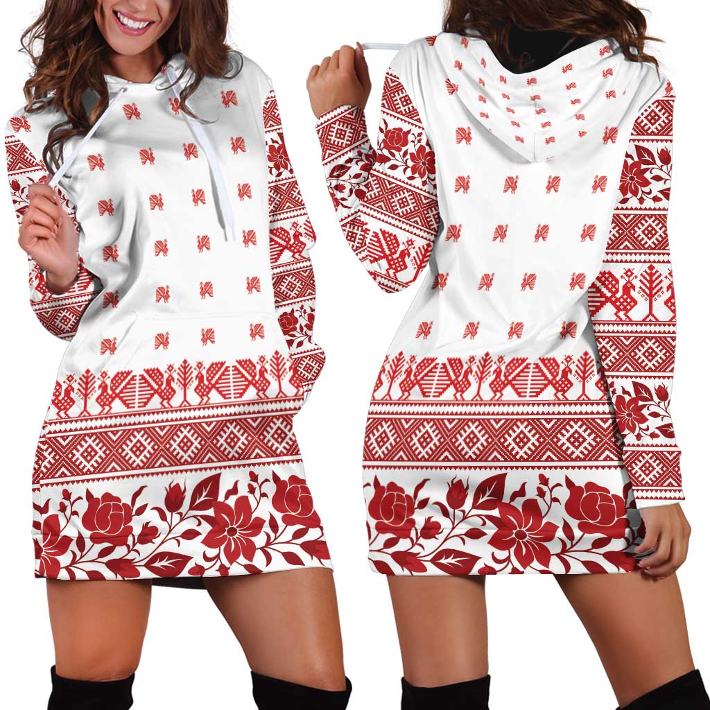 Antique Croatia Folk Embroidery Inspired Pattern Hoodie Dress Roses and Peacocks - Wonder Print Shop