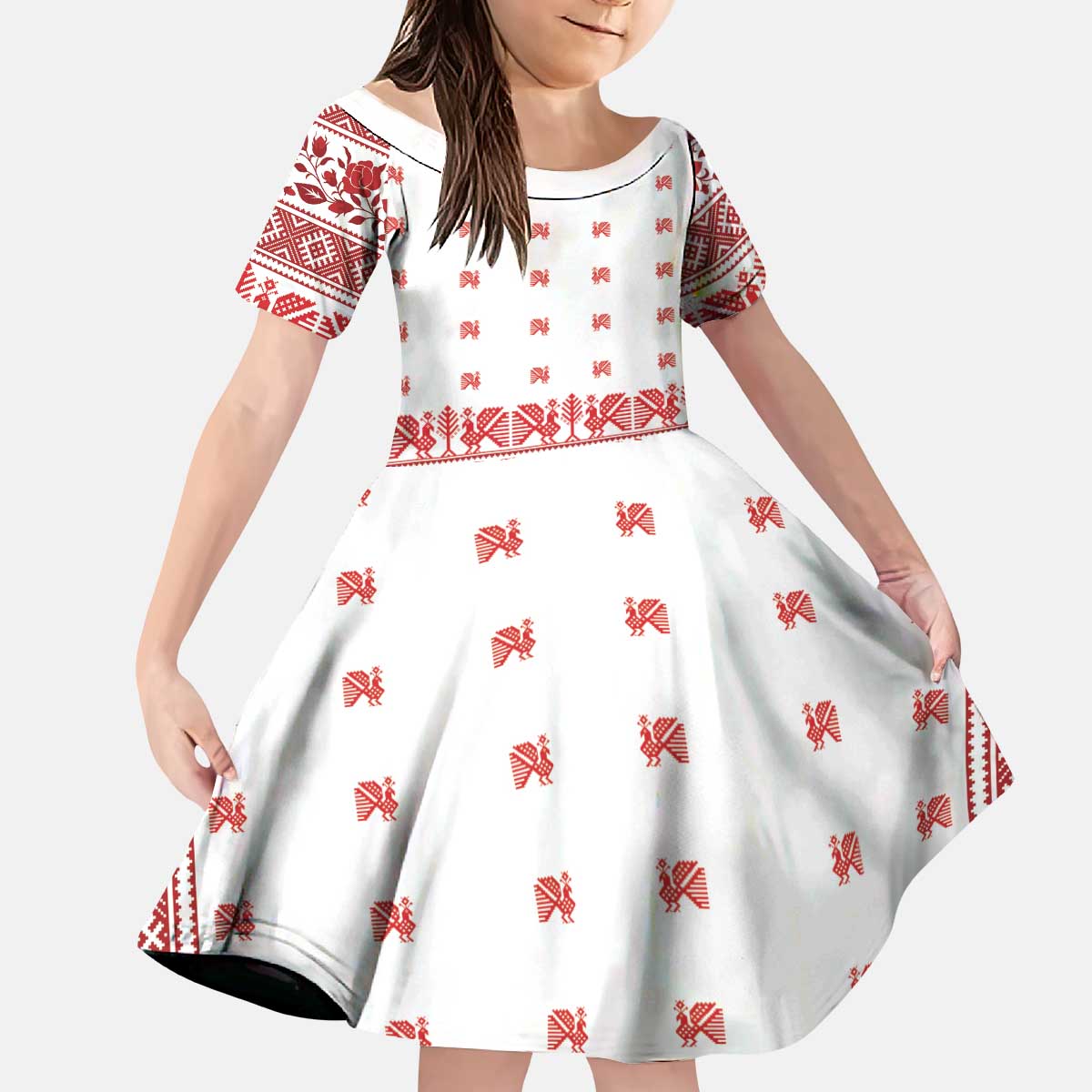 Antique Croatia Folk Embroidery Inspired Pattern Kid Short Sleeve Dress Roses and Peacocks - Wonder Print Shop