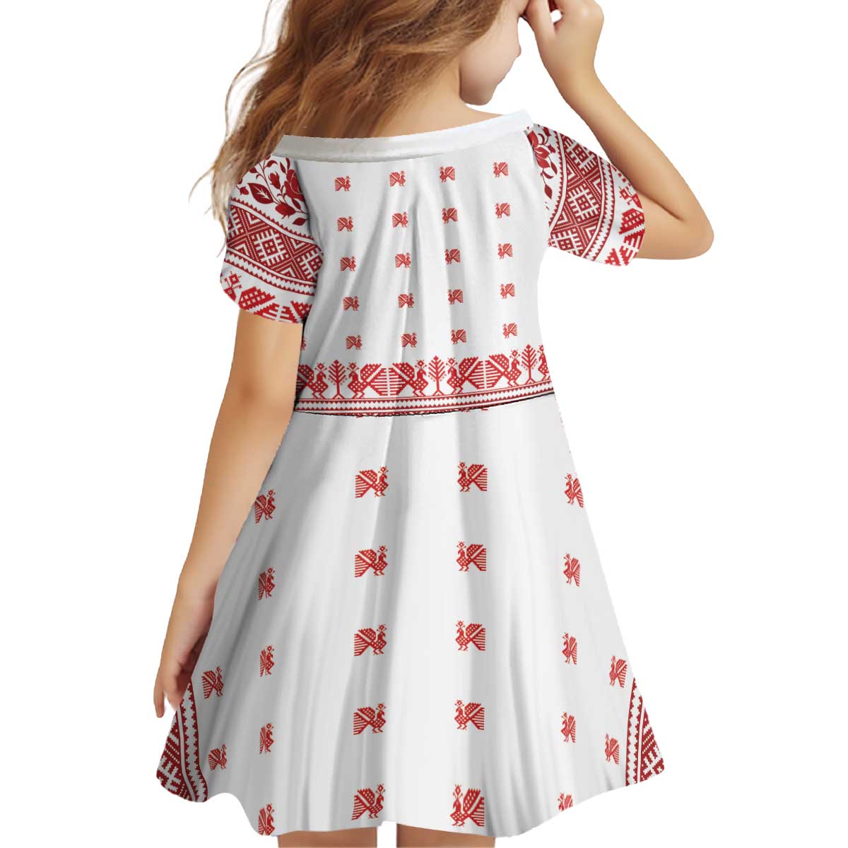 Antique Croatia Folk Embroidery Inspired Pattern Kid Short Sleeve Dress Roses and Peacocks - Wonder Print Shop