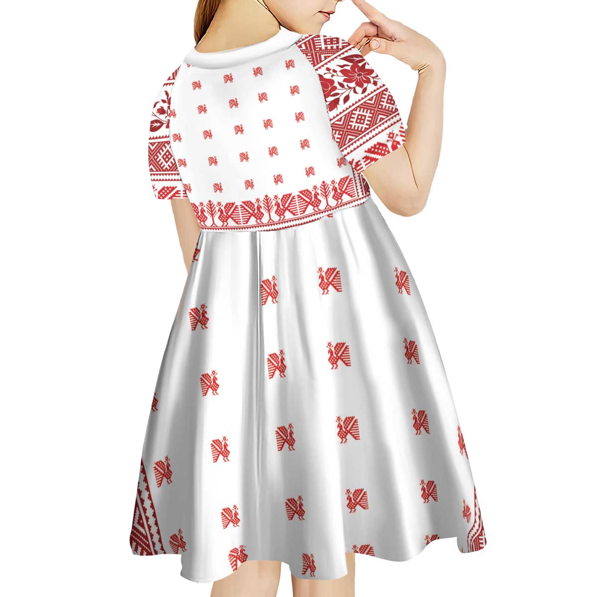 Antique Croatia Folk Embroidery Inspired Pattern Kid Short Sleeve Dress Roses and Peacocks - Wonder Print Shop