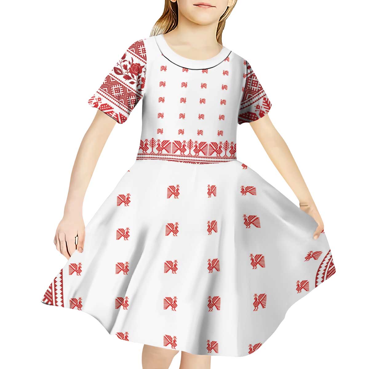 Antique Croatia Folk Embroidery Inspired Pattern Kid Short Sleeve Dress Roses and Peacocks - Wonder Print Shop