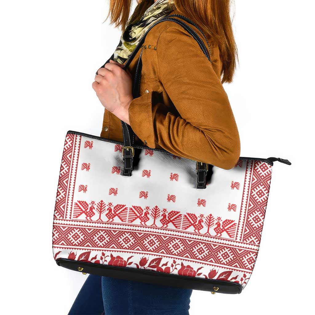 Antique Croatia Folk Embroidery Inspired Pattern Leather Tote Bag Roses and Peacocks - Wonder Print Shop