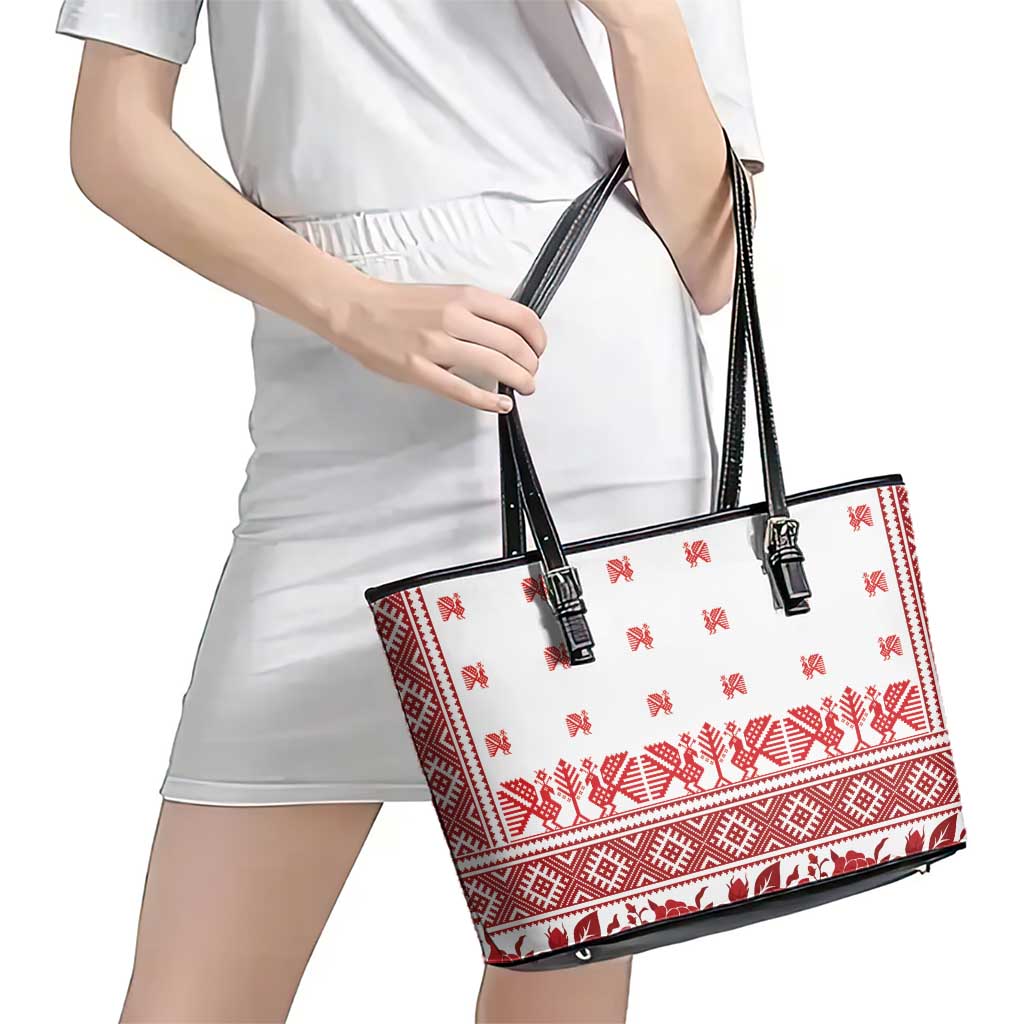 Antique Croatia Folk Embroidery Inspired Pattern Leather Tote Bag Roses and Peacocks - Wonder Print Shop