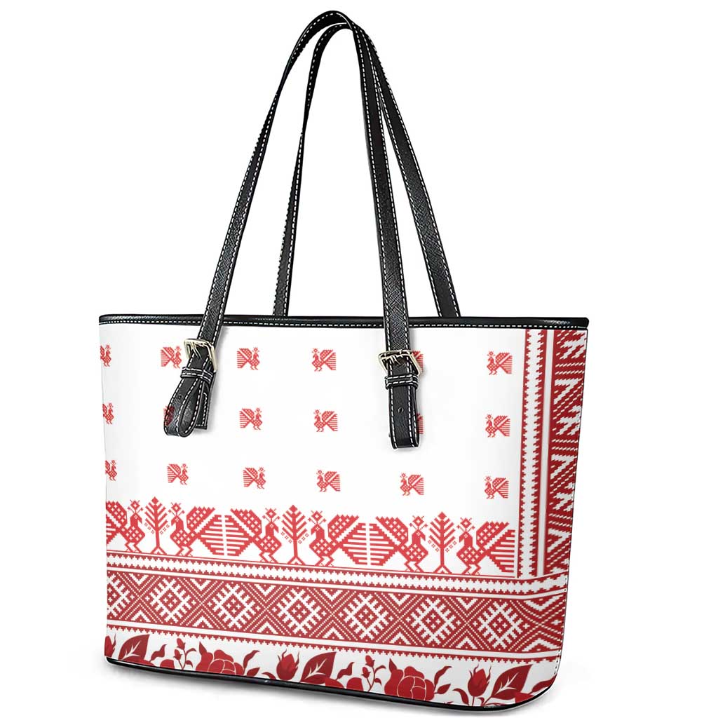 Antique Croatia Folk Embroidery Inspired Pattern Leather Tote Bag Roses and Peacocks - Wonder Print Shop