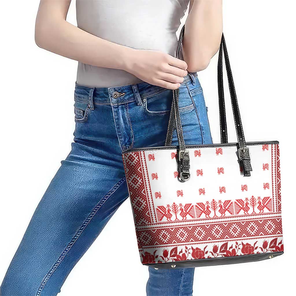 Antique Croatia Folk Embroidery Inspired Pattern Leather Tote Bag Roses and Peacocks - Wonder Print Shop