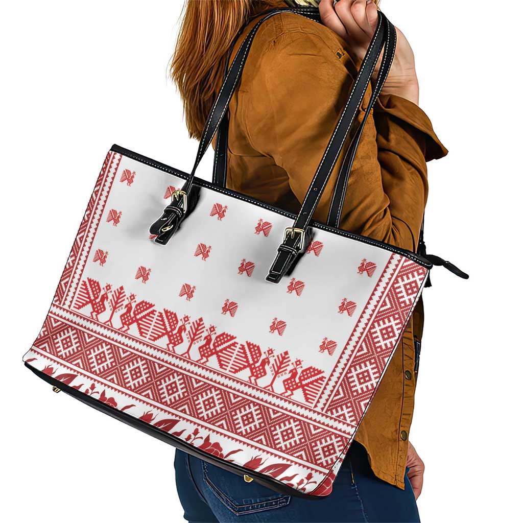 Antique Croatia Folk Embroidery Inspired Pattern Leather Tote Bag Roses and Peacocks - Wonder Print Shop