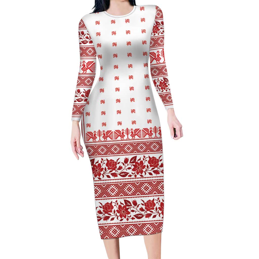 Antique Croatia Folk Embroidery Inspired Pattern Long Sleeve Bodycon Dress Roses and Peacocks - Wonder Print Shop