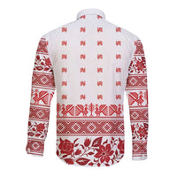 Antique Croatia Folk Embroidery Inspired Pattern Long Sleeve Button Shirt Roses and Peacocks - Wonder Print Shop