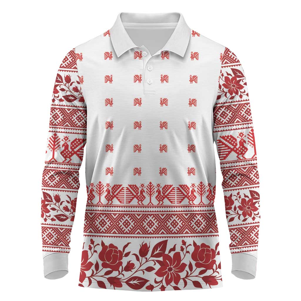 Antique Croatia Folk Embroidery Inspired Pattern Long Sleeve Polo Shirt Roses and Peacocks - Wonder Print Shop