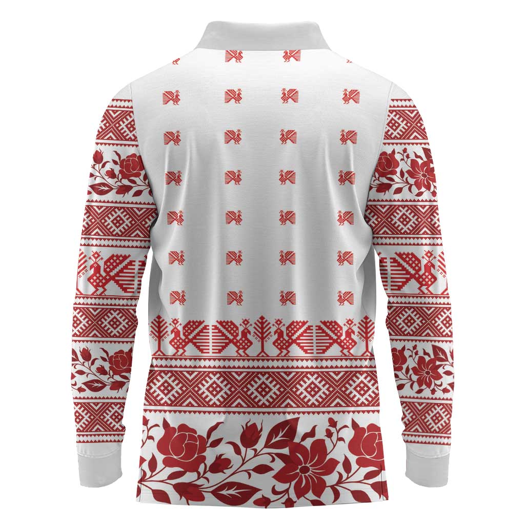 Antique Croatia Folk Embroidery Inspired Pattern Long Sleeve Polo Shirt Roses and Peacocks - Wonder Print Shop