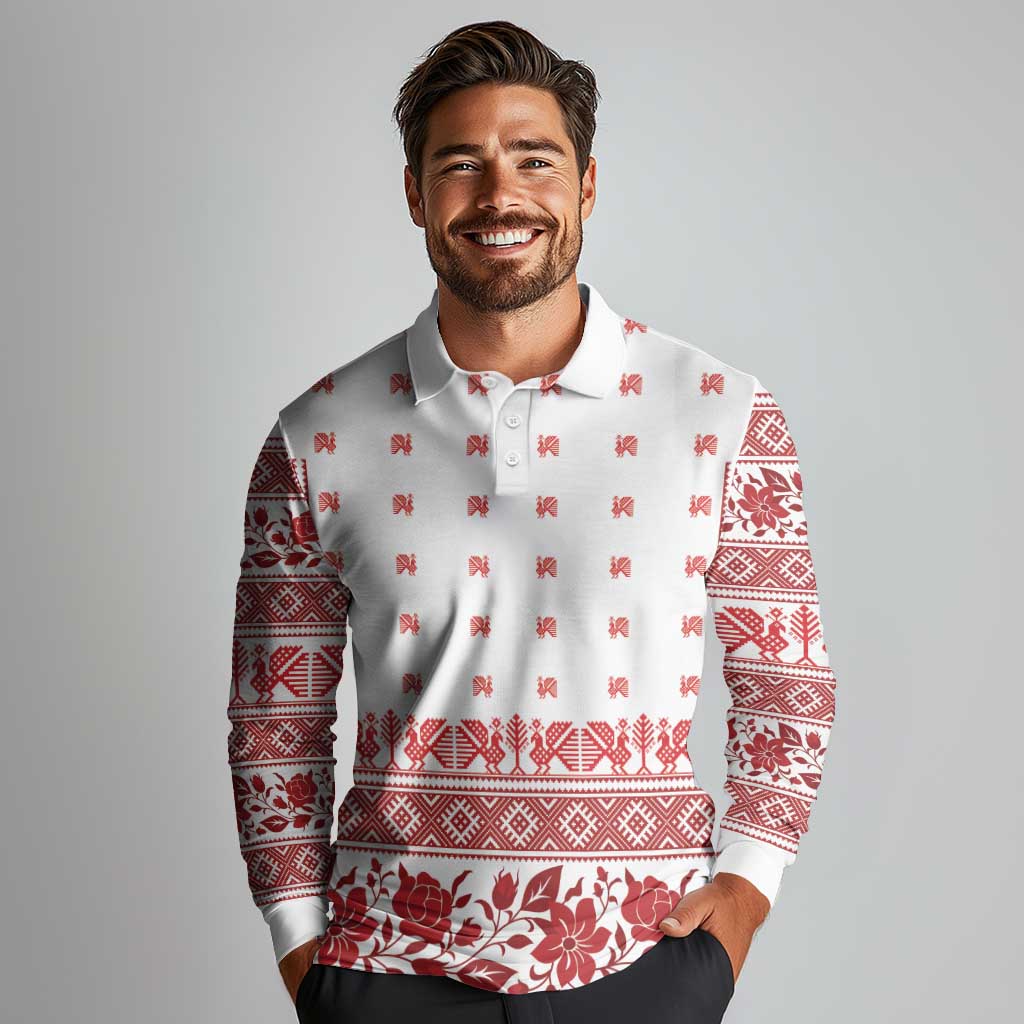 Antique Croatia Folk Embroidery Inspired Pattern Long Sleeve Polo Shirt Roses and Peacocks - Wonder Print Shop