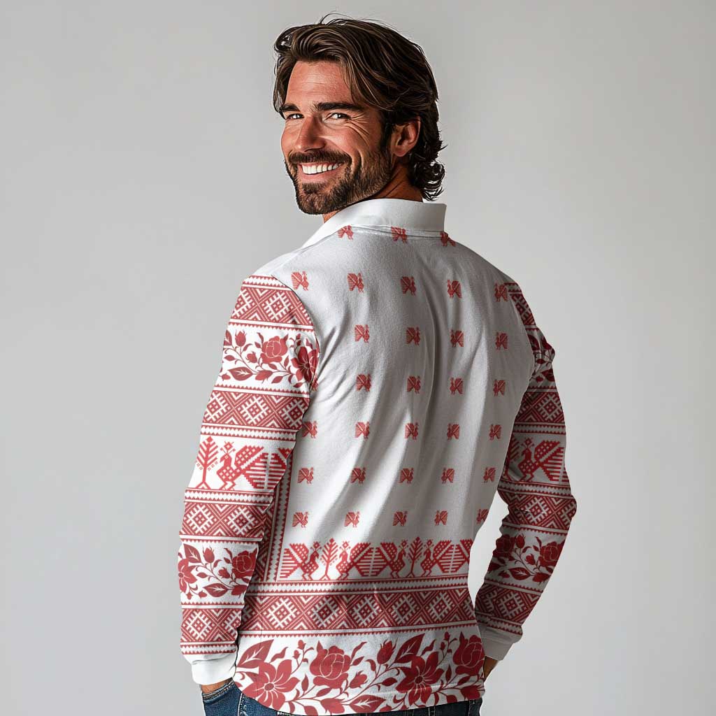 Antique Croatia Folk Embroidery Inspired Pattern Long Sleeve Polo Shirt Roses and Peacocks - Wonder Print Shop