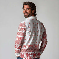 Antique Croatia Folk Embroidery Inspired Pattern Long Sleeve Polo Shirt Roses and Peacocks - Wonder Print Shop