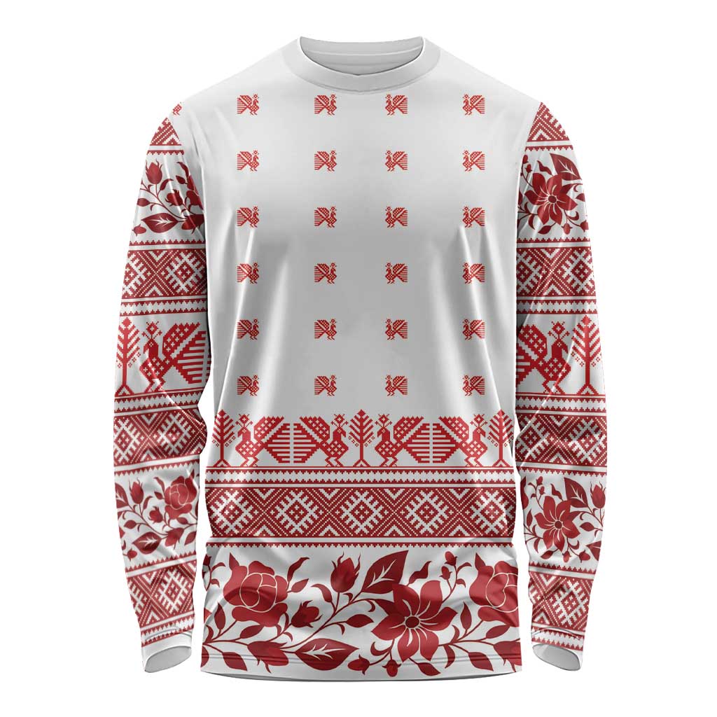 Antique Croatia Folk Embroidery Inspired Pattern Long Sleeve Shirt Roses and Peacocks - Wonder Print Shop